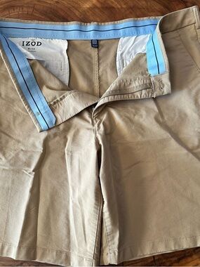 IZOD Tan Flat-Front Chino Pants with Light Blue Waist Trim